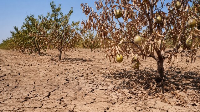 Drought damaged fruit orchard with dry cracked soil and dying trees during extreme summer heat and water shortage