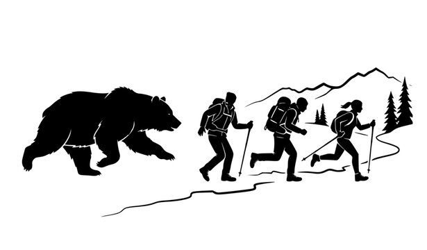 Grizzly bear chasing hikers in mountain wilderness black vector silhouette