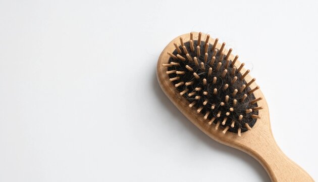 A wooden hairbrush with dark hair tangled in the bristles on a clean white surface