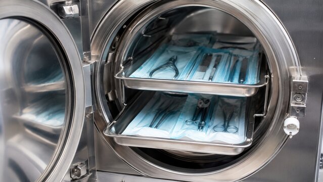 Sealed manicure instruments inside autoclave sterilizer chamber during professional salon sterilization process