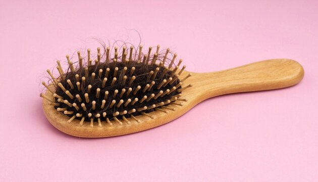 Wooden hair brush filled with loose brown hair on a soft pink background