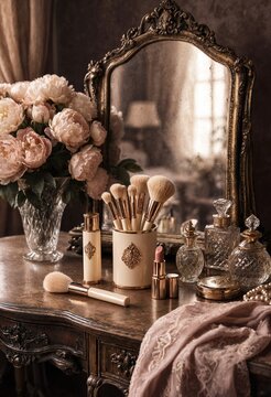 Vintage dressing table with antique mirror makeup brushes lipstick perfume and beautiful pink peonies in a crystal vase