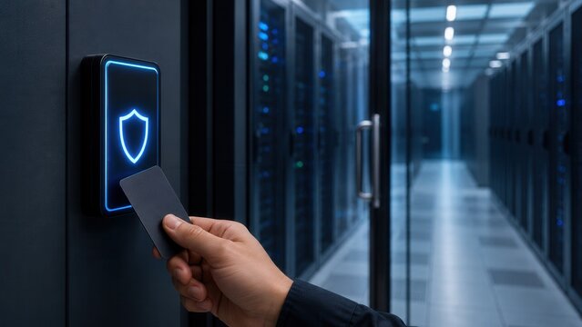 Secure server room access with key card and shield icon for data center security and cyber protection