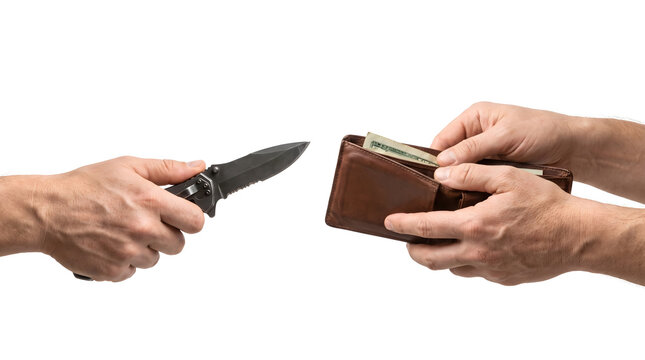 Close up of a mugging concept showing a hand holding a knife threatening a victim who is opening a leather wallet with money, isolated on a white background