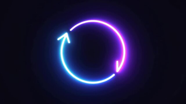 Neon circular arrows glowing blue and purple on dark background for refresh cycle and update concept