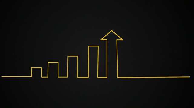 Upward arrow direction One line continuous drawing animation. animated hand- drawn banner lineart illustration design. isolated sign symbol monoline video golden outline on black background backdrop