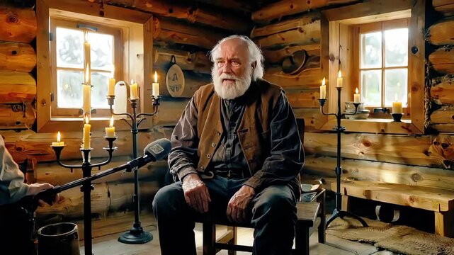 Contemplative Elder in Rustic Log Cabin Illuminated by Candlelight and Natural Light.
