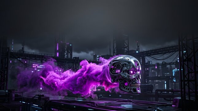 Metallic robot skull floating in futuristic industrial site with purple glowing smoke for sci-fi atmosphere.