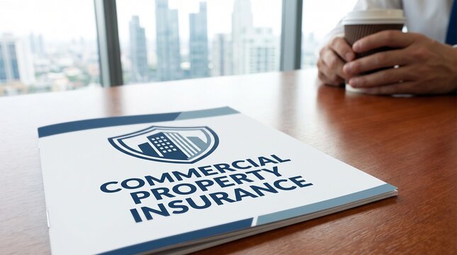 A document labeled commercial property insurance sits on a wooden desk in a modern office building with brochure titled commercial person holding coffee coffee cup background