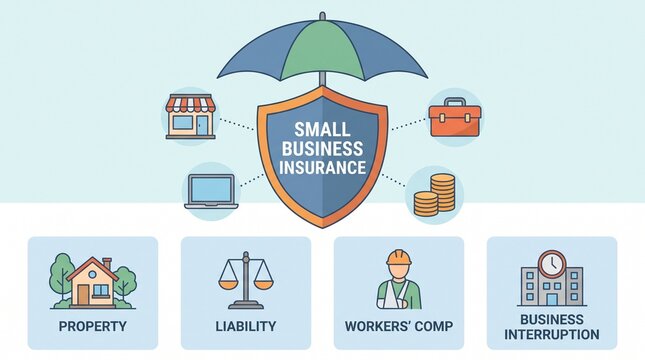 Small business insurance concept illustration with shield umbrella and icons representing various coverage policy types with compensation business interruption liability workers compensation