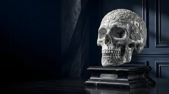 Ornate marble skull sculpture with intricate carvings on a dark marble base, a memento mori symbol.