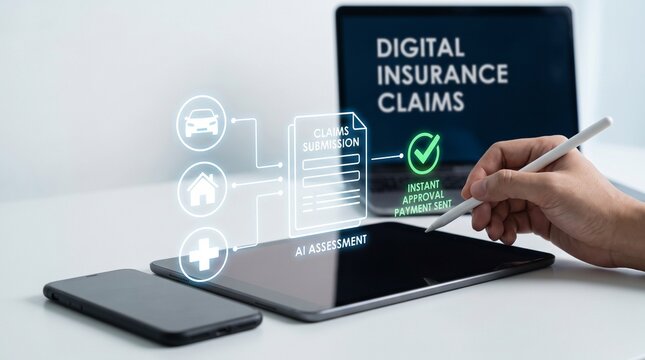 Person using a digital tablet to process insurance claims with artificial intelligence automated approval technology with insurance claim submission submission interface icons