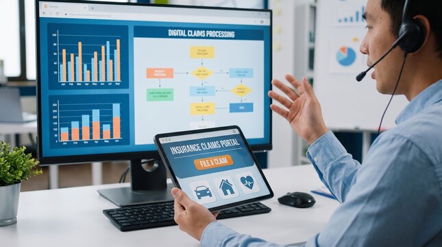 Customer service agent holding a tablet while reviewing insurance claims data on a desktop computer with service representative wearing digital tablet process wearing headset uses