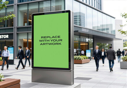 Vertical digital billboard mockup on a city sidewalk with pedestrians and modern glass buildings, realistic outdoor advertising display for graphic design presentation, public space signage template