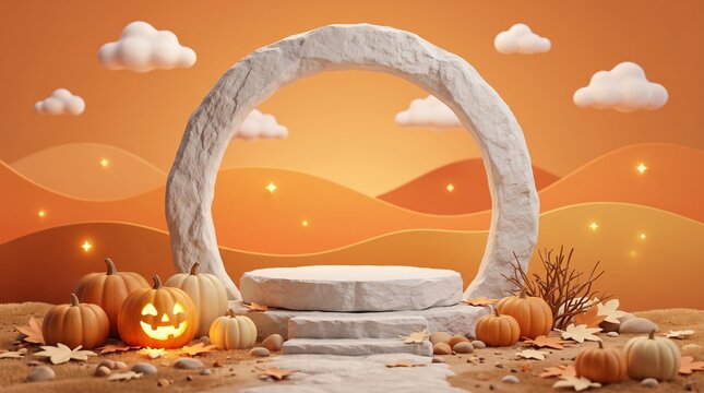 Empty product display podium with halloween pumpkins and a round stone arch in a sunset autumn landscape with orange clouds and falling leaves