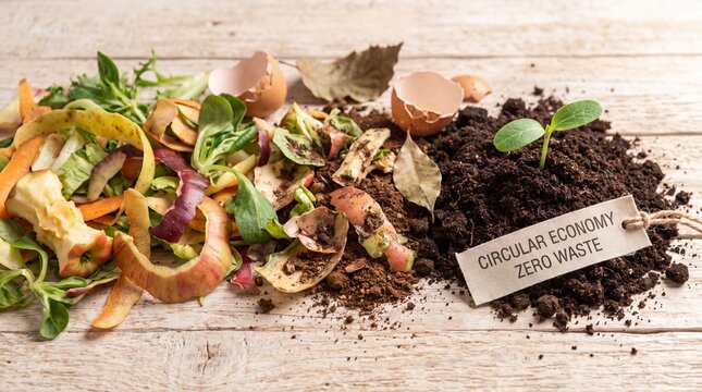 Food scraps being composted into nutrient-rich compost for a circular economy and zero-waste concept.