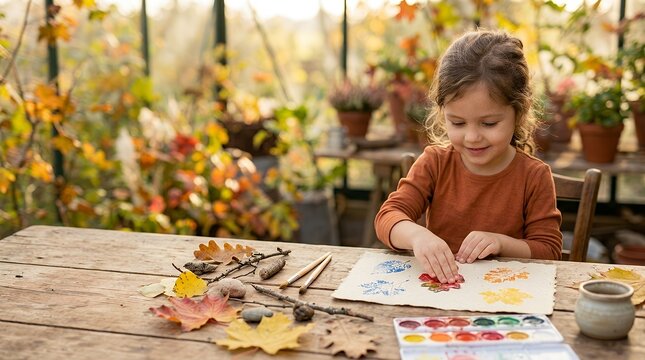 A cute little girl making leaf prints with paint in a greenhouse.