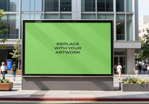 Large vertical billboard mockup with screen placeholder for artwork, displayed on a city sidewalk in front of modern glass building, urban outdoor advertising scene pedestrians, planters