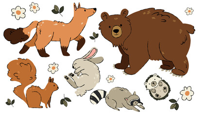 Obraz premium Cute Woodland Animals Clipart Set, Adorable Forest Animal Characters in Cartoon Style, Bear, Wolf, Fox, Bunny, Deer, Moose, Raccoon, Squirrel, Owl and Beaver Vector Collection
