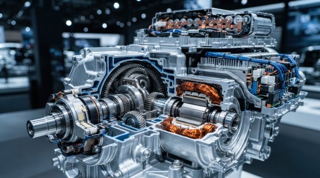 Hybrid drivetrain cutaway with planetary gears, inverter module, torque sensor, electric motor stator, and battery pack.