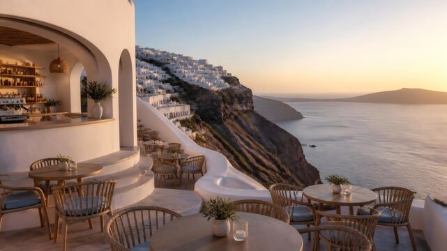 a minimalist Greek island caf&eacute; overlooking the Santorini caldera
