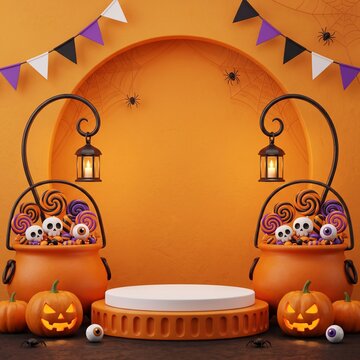 Halloween product display podium with pumpkins lanterns and candy buckets on orange background for seasonal holiday celebration and shopping