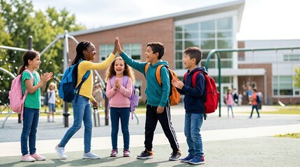 Obraz premium Diverse group of happy elementary school children giving high five on the playground.