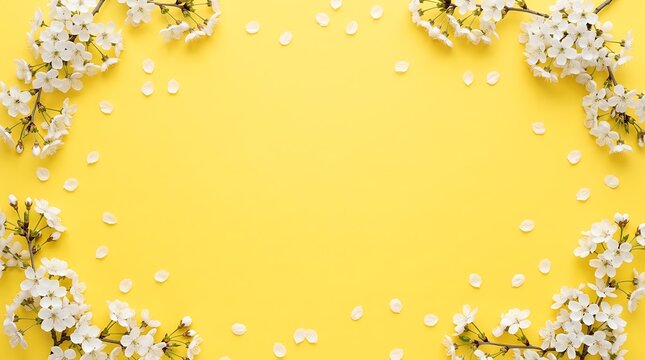 White cherry blossoms frame on a bright yellow background