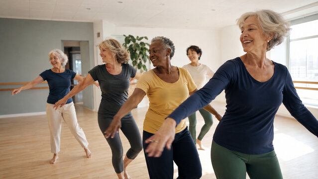 Happy senior women enjoy a lively group dance and exercise class in a bright studio, moving in sync with outstretched arms while improving fitness, balance, coordination and mobility