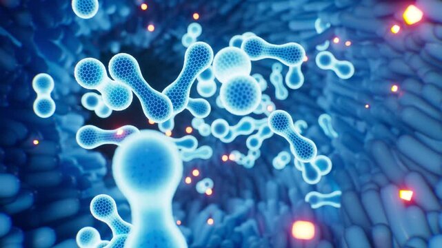 Microscopic probiotics bacteria for digestive health and treatment. 3d rendering.