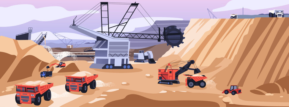 Opencast quarry. Mining industry. Machineries dig sand pit. Excavators, diggers, bulldozers and dump trucks work to extraction coal, marble, stone and ore from pit. Flat vector illustration