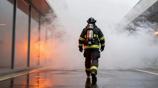 Firefighter walks through smoke at a fire scene during a training exercise at a training facility