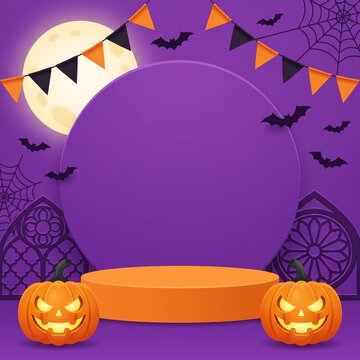 Halloween product display podium with scary pumpkins bats moon and bunting flags on a purple background