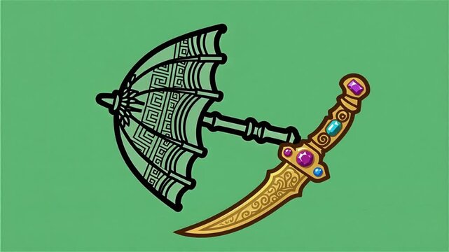 Fantasy curved sword with gemstone hilt on green background