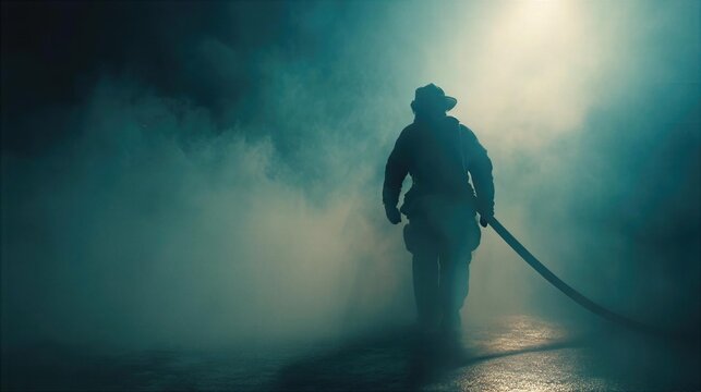Firefighter walking in fog while holding a hose during a night call