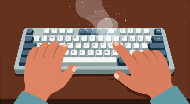 Person typing on a keyboard with abstract elements