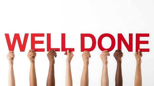 Diverse hands holding up red well done text letters