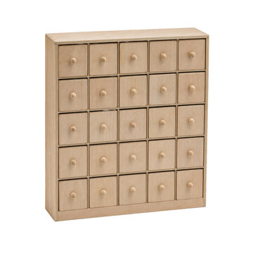 Light brown wooden storage cabinet with twenty-five small drawers and round knobs, isolated on a clean white background