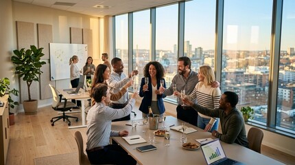 Obraz premium Diverse team celebrating success in modern office with city view