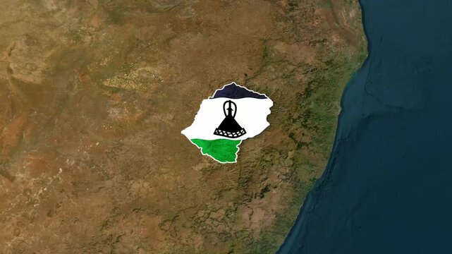 Lesotho map borders glowing over satellite landscape motion video clip animation