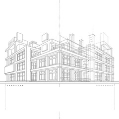 Fototapeta premium Minimalist Architectural Line Drawing of Modern Multi Story Building with Wireframe Perspective and Elevation View