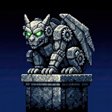 Retro game statue asset featuring textured gray stone and eerie luminous gaze