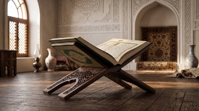 An open Holy Quran rests on a carved wooden rehal stand inside a traditional mosque interior with ornate stone arches.