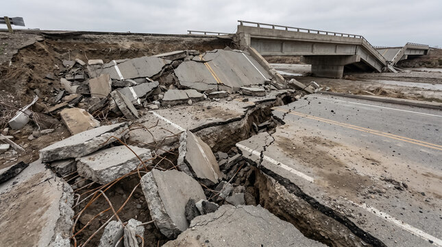 Road and bridge collapsing after an earthquake causing widespread infrastructure destruction and ground fissures