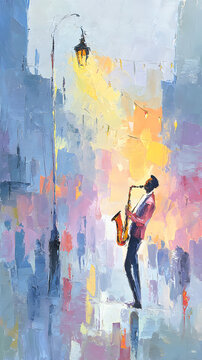 Saxophone musician streetlight city night rain jazz painting lone saxophone musician play streetlight rainy city night, expressive impressionist painting with colorful brushstroke, wet pavement