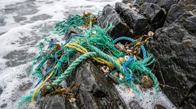 Plastic rope debris polluting rocky coast washed by ocean waves, showing marine ecosystem damage