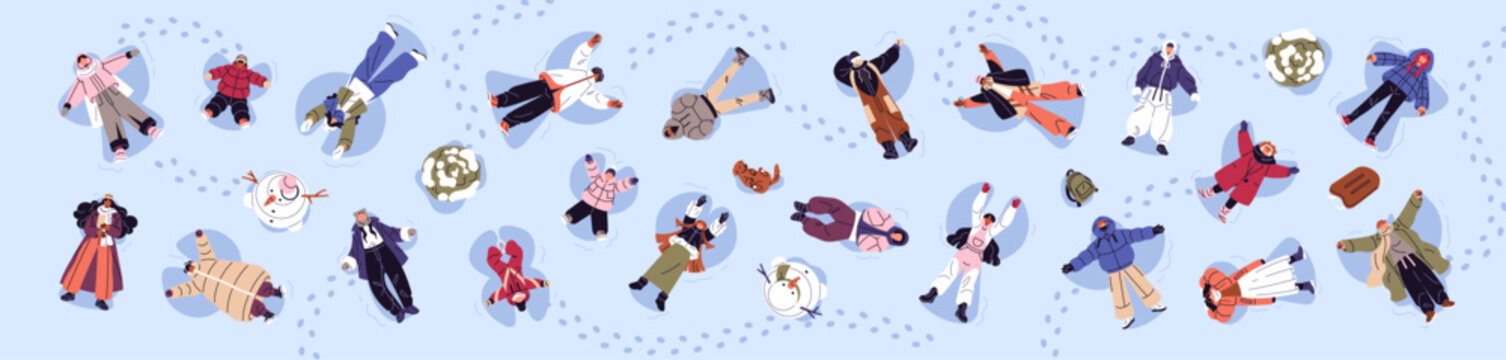 Overhead of happy people lying and making snow angels. Banner with top view of characters playing and having fun in winter. Christmas holidays and New Year celebrations. Flat vector illustration