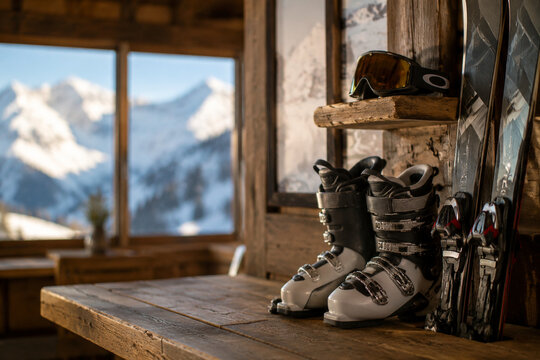 Ski boots, skis, goggles on lodge counter with mountain view, alpine vacation concept