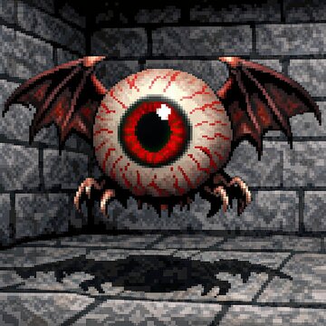 Flying pixel art eyeball monster with bat wings in stone dungeon retro game
