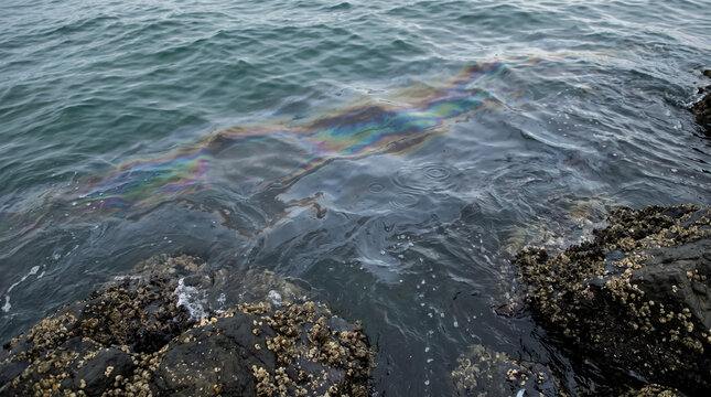 Oil slick creating iridescent rainbow colors on water near dark rocks, symbolizing environmental pollution and ecological impact